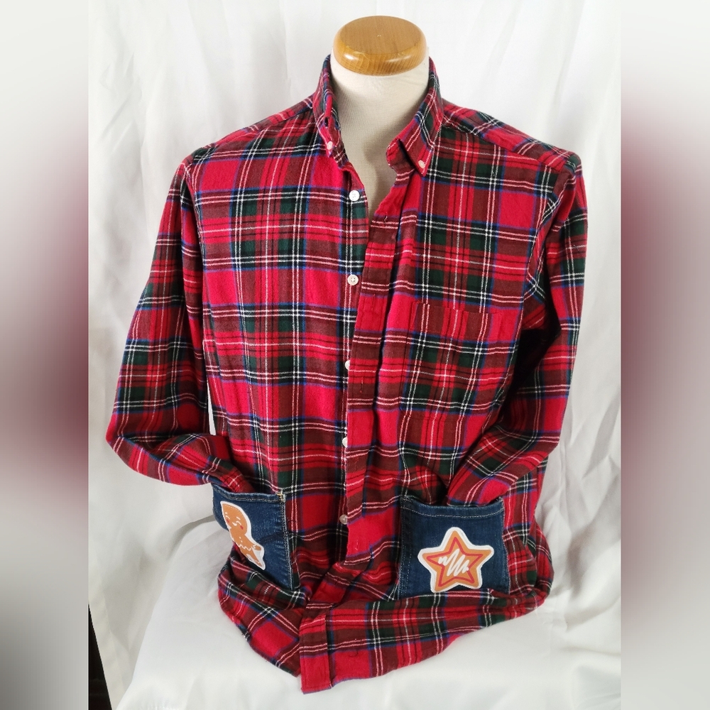 UPCYCLED REMADE REFASHIONED Red Plaid Cookie Baking Crew Shirt SZ LARGE - Picture 2 of 5